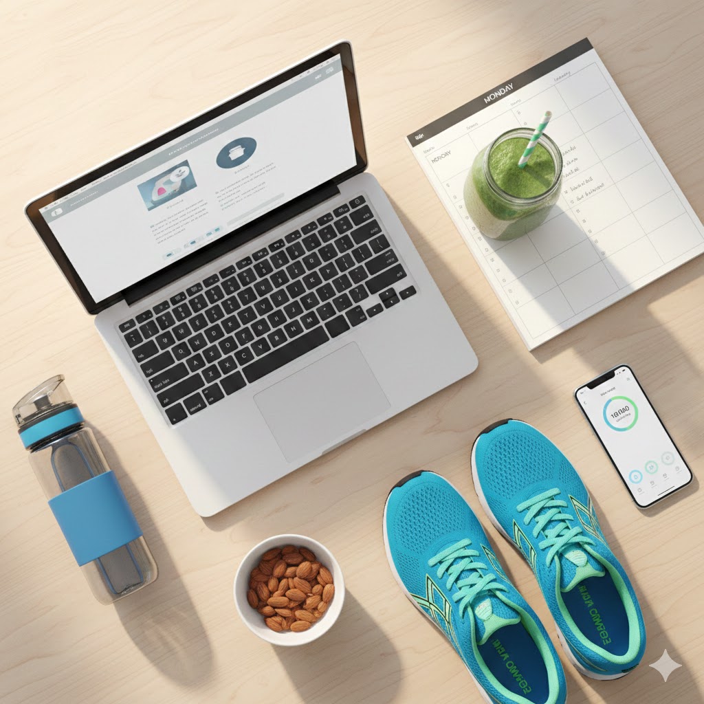 Visual tips 10 cara hidup sehat dengan smoothie, sepatu olahraga, dan perencana di meja kerja yang rapi