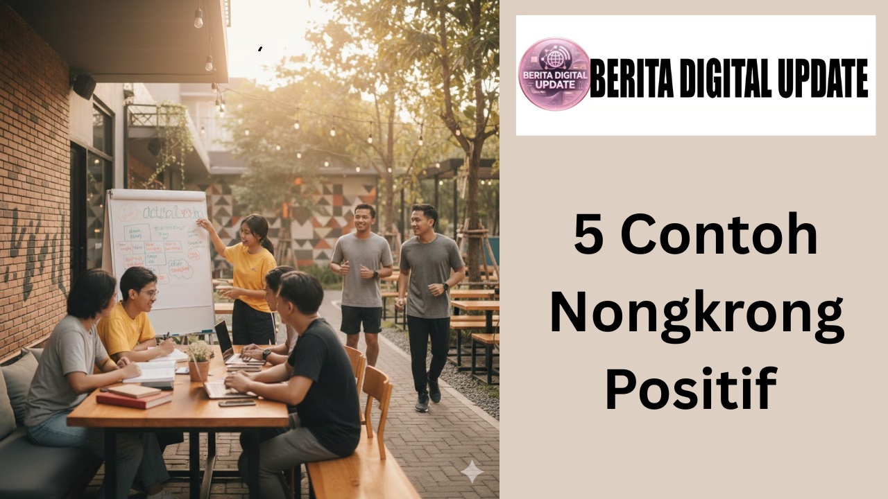 Ilustrasi sekelompok anak muda sedang berkumpul dengan suasana ceria di sebuah kafe, sambil membaca buku, menulis, dan berdiskusi.