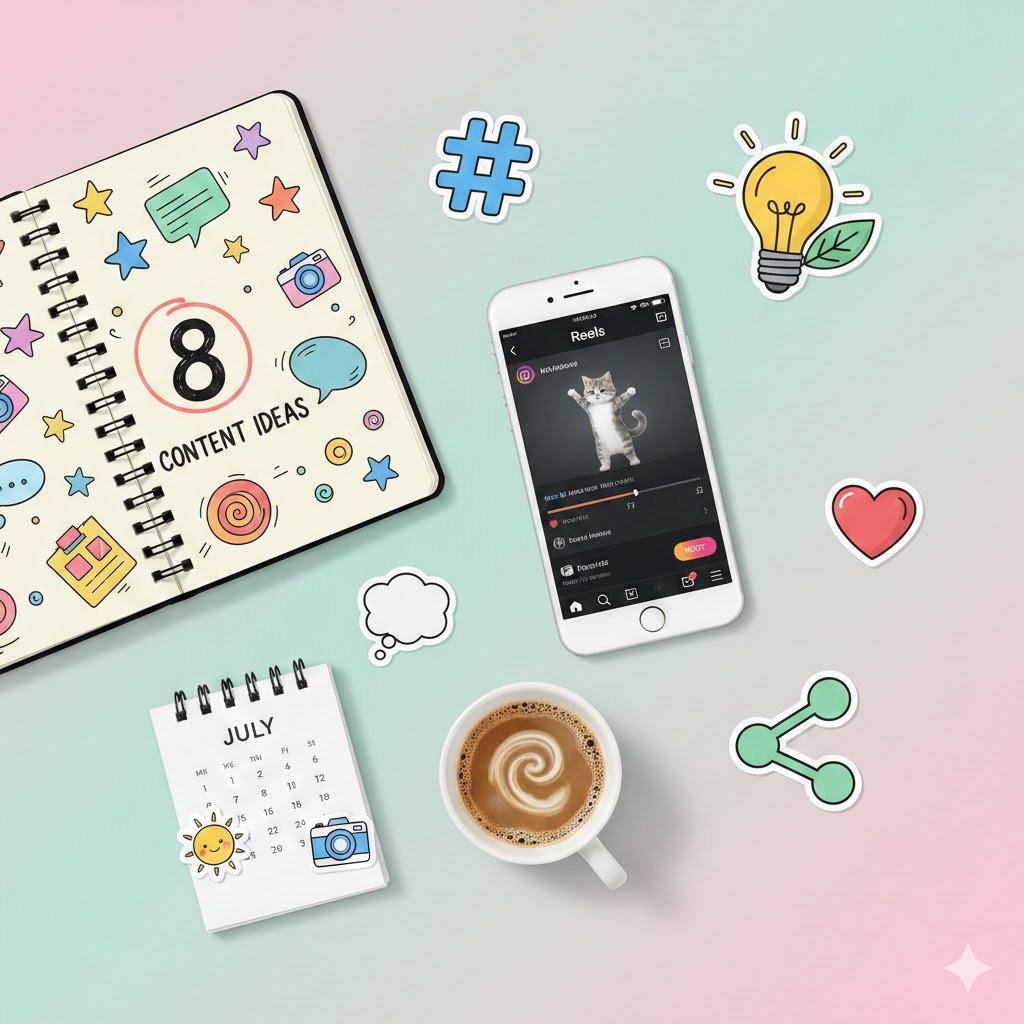 Flat lay perencanaan konten sosial media kreatif dengan notebook bertuliskan 8 ide konten, smartphone, dan alat desain di atas meja kerja kayu.