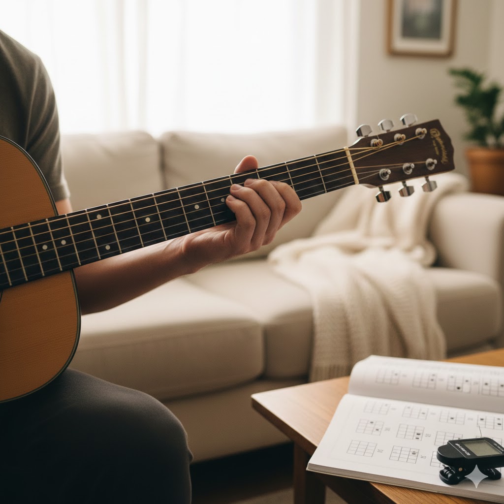 Posisi jari tangan yang benar untuk membentuk akord C Mayor pada fretboard gitar akustik, panduan visual belajar gitar pemula.